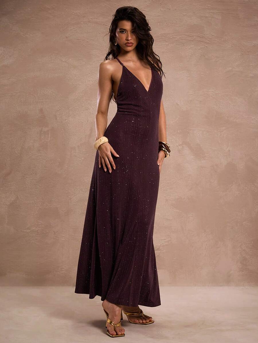 SHEIN BAE Váy yếm hở lưng gợi cảm thời trang dành cho nữ - Màu tím - Xem 1