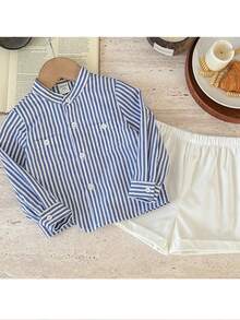 Bộ 2 áo thun kẻ sọc dệt đơn giản và quần short màu trơn cho bé trai - Nhiều màu - Xem 1