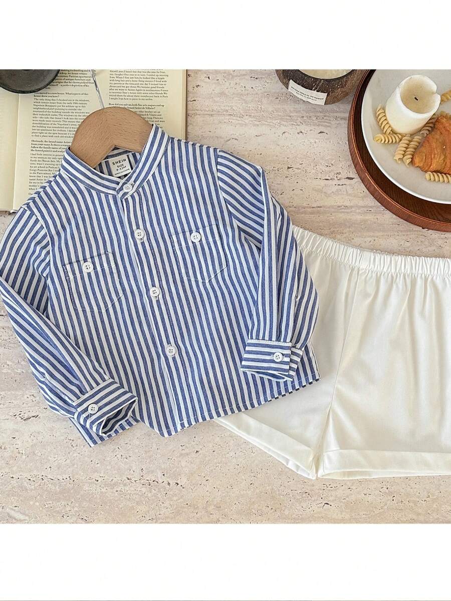 Bộ 2 áo thun kẻ sọc dệt đơn giản và quần short màu trơn cho bé trai - Nhiều màu - Xem 1