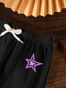 2件套少女KPOP女团印花休闲简约粉色圆领短袖T恤和黑色短袖裤，配套套装