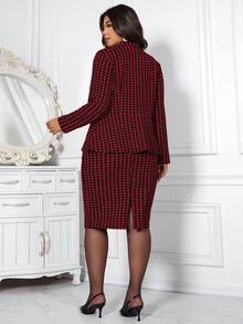 Ellevyn Plus Size Elegant Commuter Houndstooth Blazer & Skirt Suit - Red - View 10
