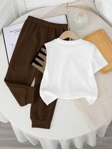 两件套男童休闲风军绿色恐龙卡通动物撞色Y2K运动度假圆领短袖上衣和裤子 - 白色 - 查看 3