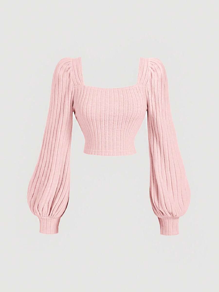 SHEIN MOD Áo thun nữ cỡ lớn màu mơ, cổ vuông, tay phồng, kiểu dáng thường ngày, thích hợp cho mùa thu/đông, thích hợp mặc ngày Valentine. - Hồng - Xem 1