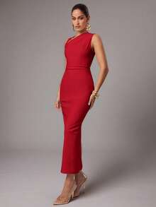 Silquee Women's Elegant Solid Color Sleeveless Dress, Suitable For Party - Red - View 5