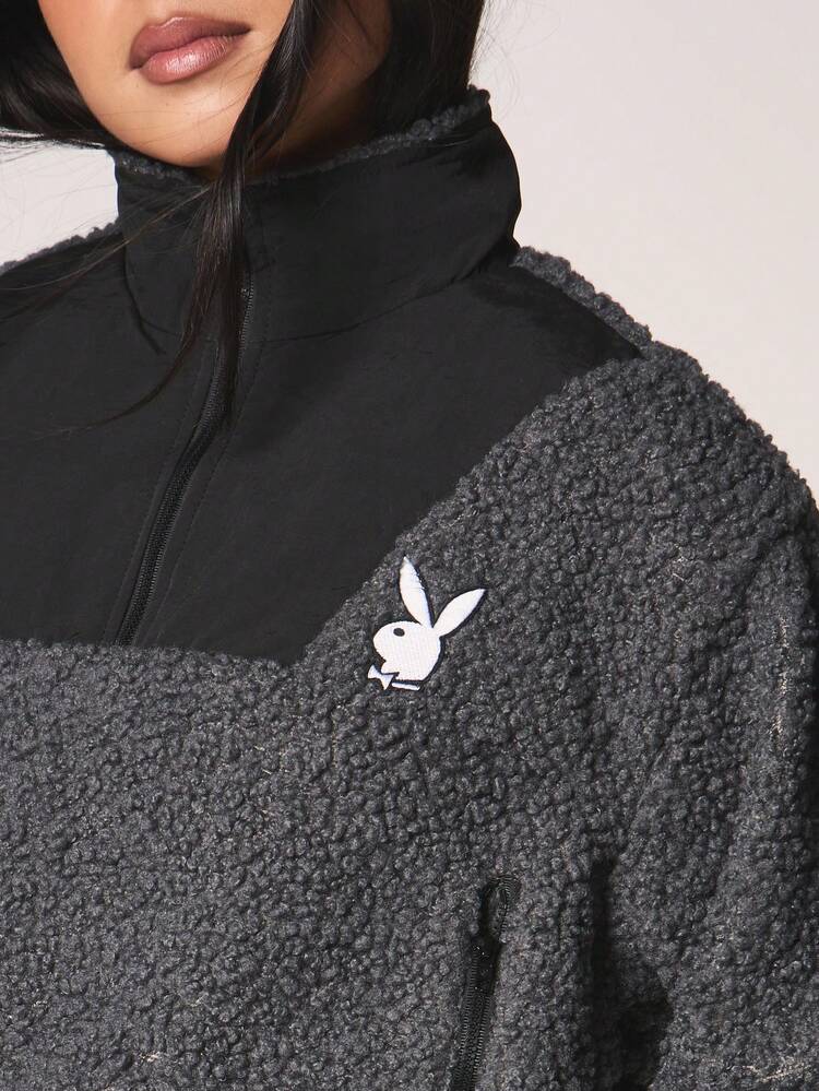 Missguided x Playboy Sherpa Half Zip Funnel Neck Jacket｜MISSGUIDED