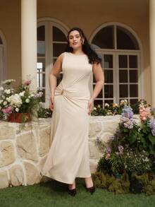 SHEIN MOD 大码女式杏色金属扣褶皱不对称修身连衣裙，秋冬连衣裙，商务休闲女装，早午餐女装，休闲女装，哥特风连衣裙，职场女装，办公室连衣裙，优雅女装，休闲连衣裙 - 杏色 - 查看 7