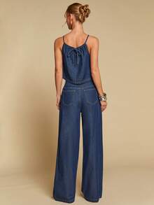 COSMINA Denim 女士纯色打结吊带背心和休闲牛仔裤套装，牛仔时尚女装，女士牛仔两件套，女士牛仔套装，牛仔套装，女士夏季服装 - 深色水洗藍 - 查看 2
