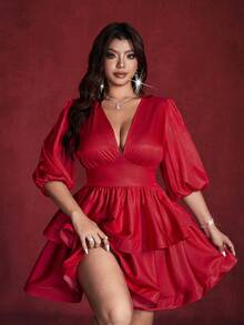 Viva Relle Đầm ngắn gợi cảm cổ chữ V sâu, eo thon, tay phồng, viền bèo dành cho nữ cỡ lớn, màu trơn, chất liệu bóng, thích hợp cho mùa xuân/thu, dự tiệc cao cấp, sinh nhật, hẹn hò, lễ hội, đi làm, ngày Valentine, kiểu đầm công chúa sành điệu. - Đỏ - Xem 6