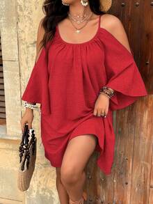 SHEIN Clasi Plus Size Round Neck Ruched Pleated Split Flare 3/4 Sleeve Casual A-Line Midi Dress  Day - Red - View 8