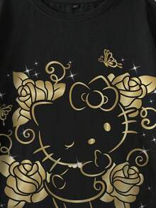 HELLO KITTY AND FRIENDS | SHEIN 女士休闲日常通勤卡通花卉字母图案落肩宽松黑色T恤，夏季 - 黑色 - 查看 3