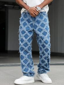 Manfinity EMRG Quần jeans denim jacquard rách rưới kiểu cổ điển, unisex - Màu xanh lam - Xem 4