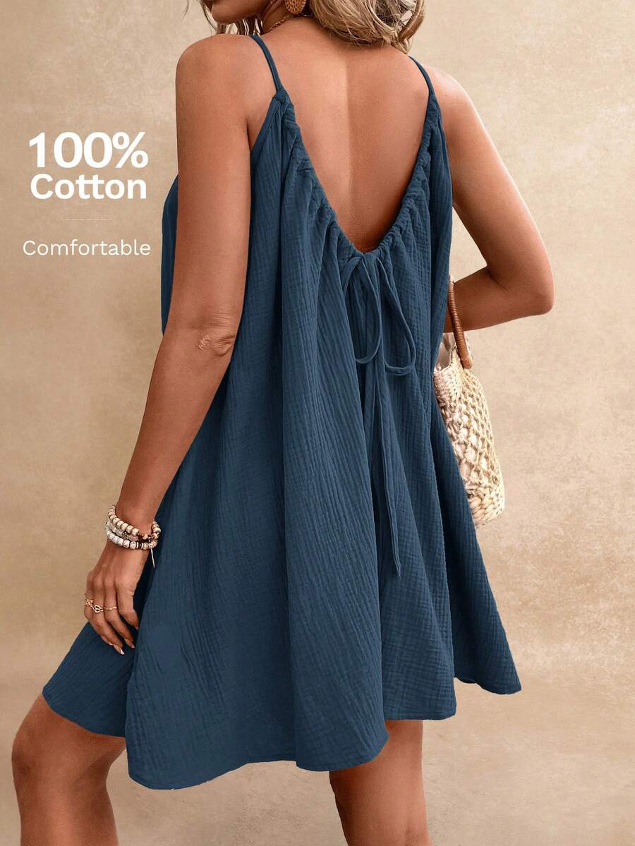 Poéselle Váy suông Boho mùa hè cho nữ, thiết yếu, trang phục mùa hè, thiết yếu cho mùa cưới, váy rút Cottagecore váy suông cho nữ - Màu xanh hải quân - Xem 1