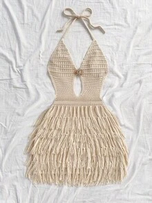 Soleia Women's V-Neck Halter Tie Back Fitted Sweater Dress, Bohemian, Boho, Vacation, Autumn/Winter - Apricot - View 3