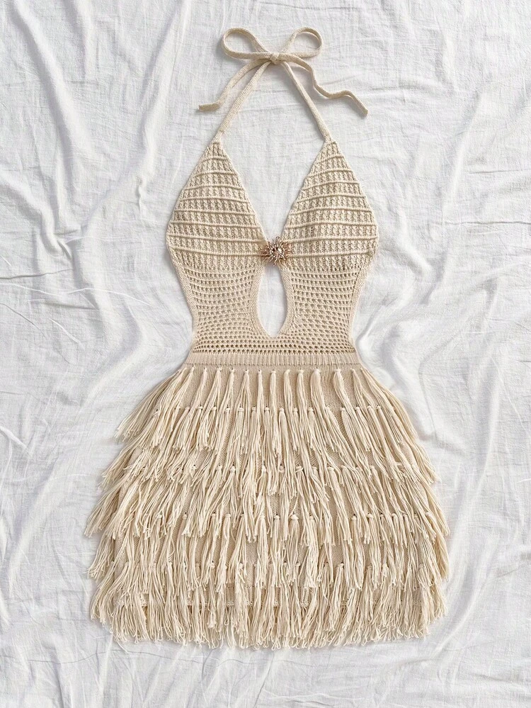 Soleia Vestido de Tricô Ajustado com Decote em V, Alça e Amarração Nas Costas, Estilo Boêmio, Boho, Férias, Outono/Inverno - Damasco - Visão 3