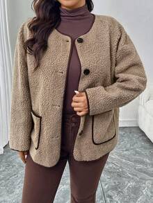 SHEIN LUNE Plus Size Contrast Color Casual Long Sleeve Winter Knitted Button Up Coat - Khaki - View 1