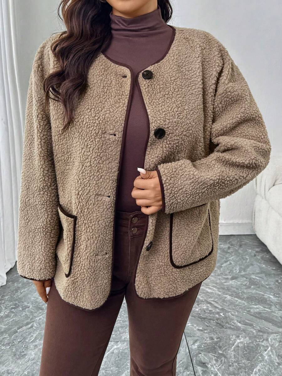 SHEIN LUNE Plus Size Contrast Color Casual Long Sleeve Winter Knitted Button Up Coat - Khaki - View 1