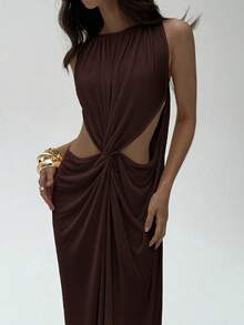 Aloruh 杏色无袖镂空紧身连衣裙 - 巧克力棕 - 查看 4