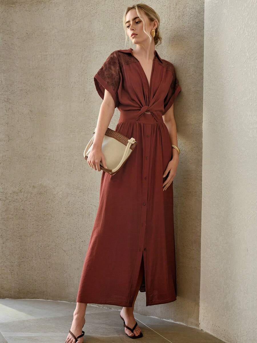 MOTF PREMIUM VESTIDO DE MUJER CON CUELLO EN V, CINTURA CEÑIDA Y ENCAJE DE CONTRASTE - Burdeos - Ver 1