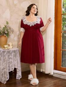 Côtesoire Camisón corto de manga corta con parches de encaje jacquard y corte evasé para tallas grandes - Rojo violeta - Ver 5