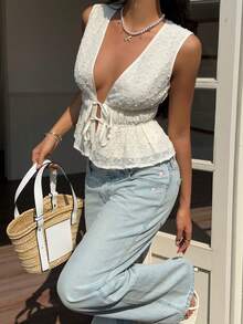 Serisse 女士性感纯色纹理系带无袖上衣，夏季 - 杏色 - 查看 6