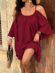 Weeklong Plus Size Round Neck Ruched Pleated Split Flare 3/4 Sleeve Casual A-Line Midi Dress - Burgundy - View 4