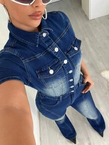 Jeanoix Women's Y2K Fitted Versatile Flare Jeans Overalls And Jumpsuit - Dark Wash - View 7