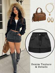 SHEIN PETITE Chân váy denim mini thường ngày viền cuộn có túi dành cho nữ - màu đen - Xem 5
