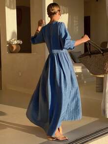 DAZY 女士褶裥休闲收腰中长连衣裙，适合度假和派对穿着 - 藍色 - 查看 4