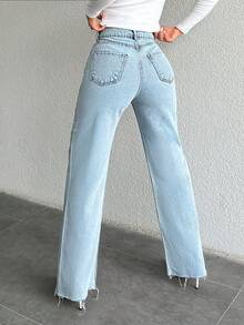 SHEIN 100%Cotton High Waist Straight Leg Jeans - Blue - View 2