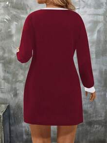 EMERY ROSE Plus Size Women Casual Contrast Trim Splice Dress, Versatile For Spring & Autumn - Red - View 2