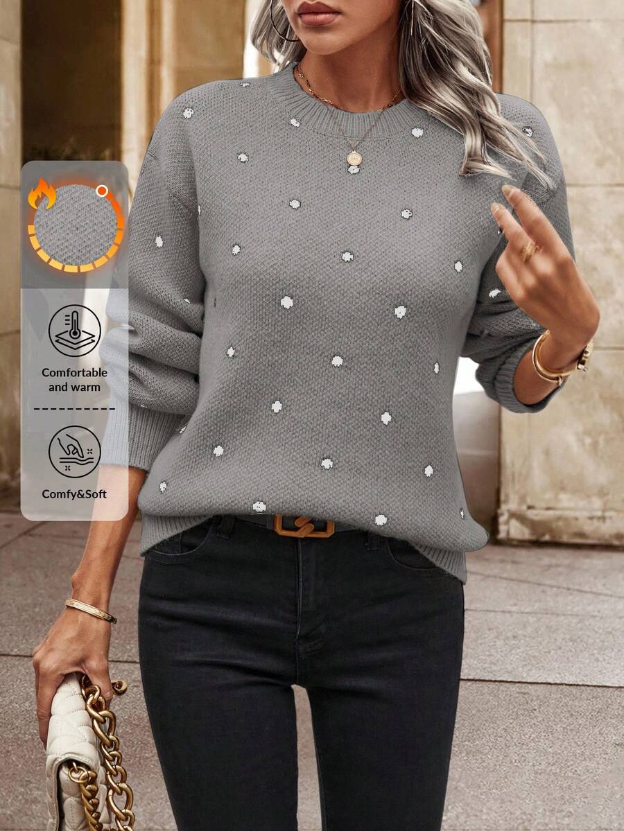 EURMUSE Women's Casual Versatile Polka Dot Pattern Crew Neck Sweater, Autumn/Winter,Jumper,Cream Jumper,Jumpers,Black Jumper,Womens Jumper,White Jumper,Women's Jumper,Women's Jumpers - Mocha Brown - View 1
