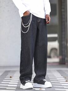 Manfinity EMRG 男士口袋纽扣五角星拼接休闲通勤阔腿牛仔裤 - 深色水洗藍 - 查看 4