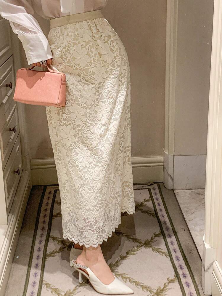 Women's Lace Fabric Straight Long Skirt, Elegant A-Line Skirt