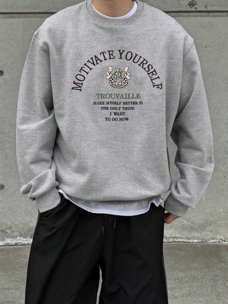 Men's Letter Embroidery Graphic Crew Neck Pullover Sweatshirt, Spring/Autumn