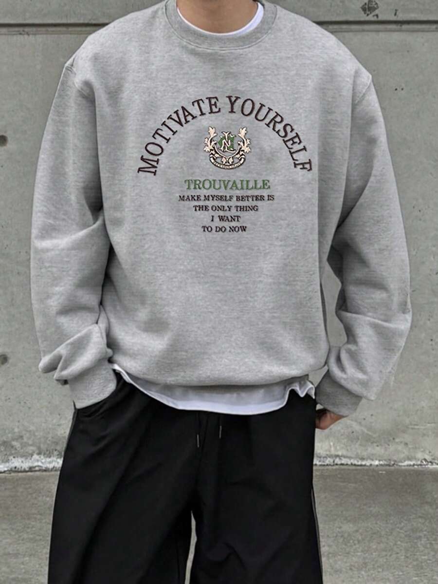 DAZY Sudadera de cuello redondo con bordado de letras para hombre, primavera/otoño - Gris - Ver 1