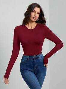 SHEIN Tall 女款純色長袖修身連身衣T恤 - 中紫紅色 - 查看 4