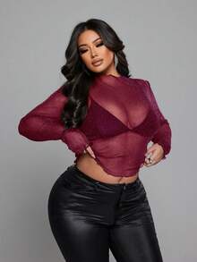 NU&NOW 大码纯色极简透视性感上衣 - 酒紅色 - 查看 6