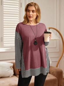 EMERY ROSE Plus Size Women Casual Long Sleeve Striped Patchwork T-Shirt - Burgundy - View 5