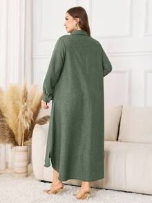 Lacomfia Maxikleid im Arabischen Stil mit langen Ärmeln und einfarbigem Design, Große Größen - Grün - Übersicht 2