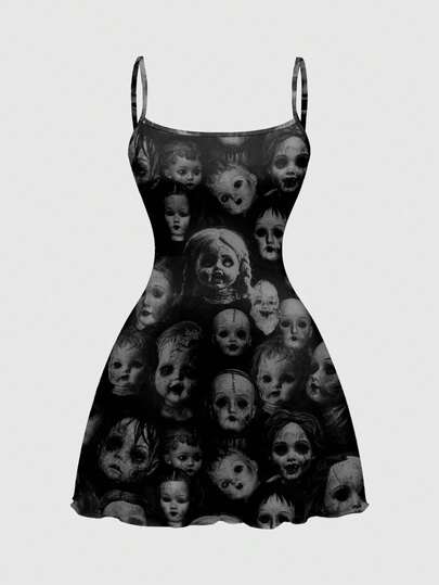 Grunge Punk Horror Dark Doll Print Sexy Mini Slip Dress For Women