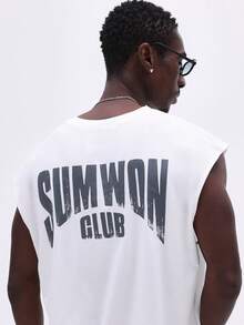 SUMWON Loose Fit Casual Sleeveless Tank Top With Club Back Print - Beige - View 1
