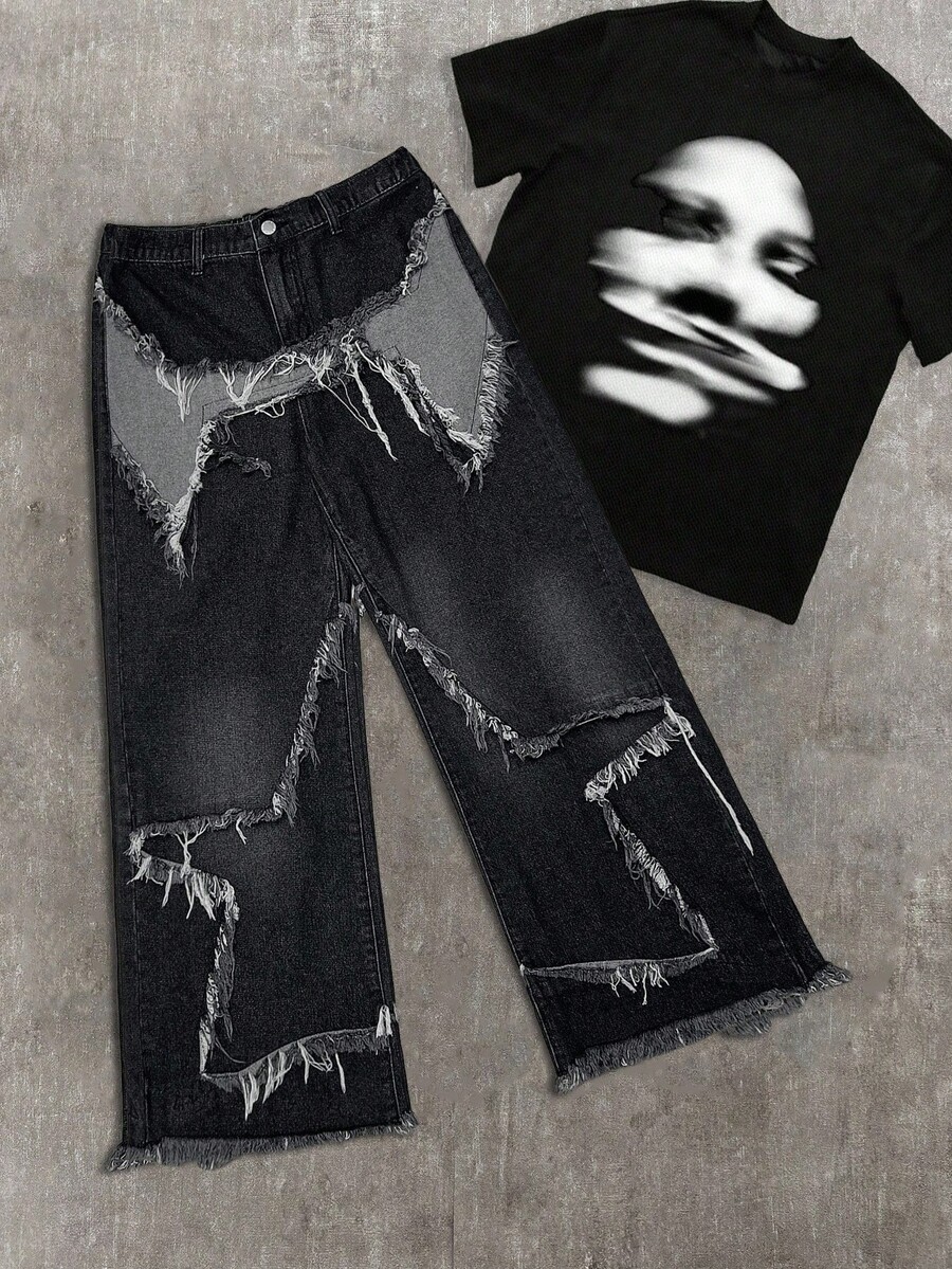 SHEIN Teen Boy Casual Cool Y2K Fashion Star Patchwork Fringe Low-Waisted Baggy Wide Leg Denim Jeans With Raw Hem And Slanted Pocket For Kids Boys Soft Dailywear And Kids Summer And Spring Rave Festival And Beach Fall Back To School Old Money Style Streetwear Punk Winter - Black - View 1