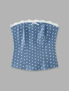 lacRébo Sky Blue Satin Polka Dot Print Bustier Strapless Top With Lace Trim Cute Vintage Style Party Spring Summer  Polkadot Top French Style Parisian Style - Multicolor - View 6