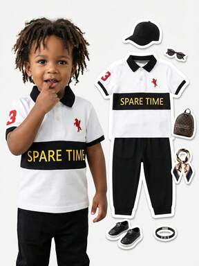 SHEIN 2pcs Young Boys Toddler Infant Kids Sporty Preppy Cool Fashion Casual White Black Color Block Striped Pattern SPARE TIME Letter Red Horse Logo Graphic Number 3 Print Short Sleeve Turn Down Collar Button Polo Shirt Tops And Solid Color Elastic Waist Sweatpants Joggers Pants Trousers Two Piece Outfit Sets Tracksuit Soft Clothes For Daily Wear School Outdoor Sports Summer Spring Fall