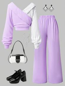 SHEIN 2件套少女时尚优雅通勤套装，纯色条纹衬衫+宽松阔腿裤 - 紫色 - 查看 2