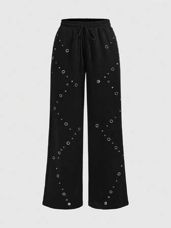 Grunge Punk Punk-Stil schwarze Metalleyelett-Weite Bein Jogginghose für Frauen