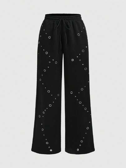 Grunge Punk Pantalón de chándal de pierna ancha con ojetes de metal negro de estilo punk para mujer
