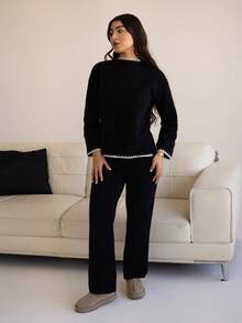 Andrea Bello 2pcs/Set Women Contrast Trim Stand Collar Sweater And Pants Set, Casual Fall Winter Cloth For Women - Black and White - View 3