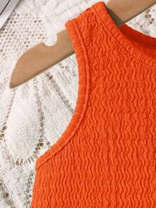 SHEIN Babygirl Summer Cute Solid Color Textured Sleeveless Top And Elastic Waist Loose Pants Set - Orange - View 3