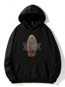 Sudadera con Capucha para Hombre - Negra, Estampado Virgen María con Letras, Corte Oversize - Negro - Ver 3